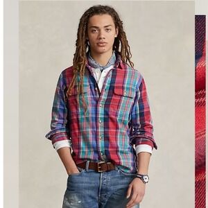 Polo Ralph Lauren Mens Custom Fit Plaid Flannel Shirt Red Blue Green Medium